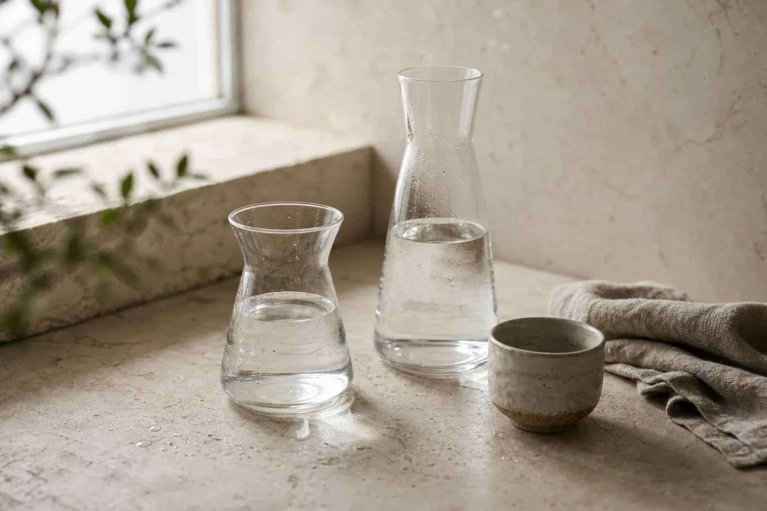 Dos jarras de agua y una taza de cerámica junto a una ventana