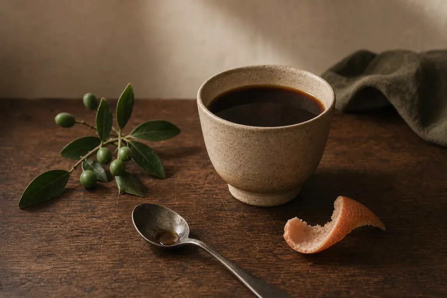 Taza de café con cuchara de cata, piel de cítrico y cerezas verdes