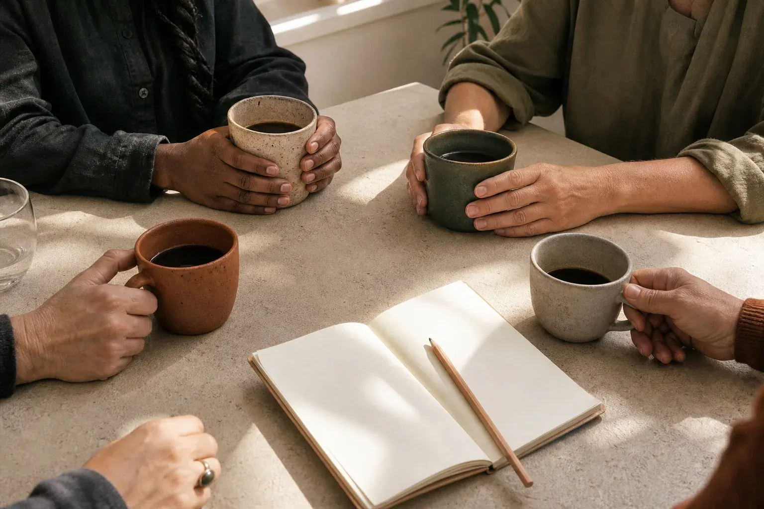 Varias personas conversan alrededor de una mesa con café y un cuaderno