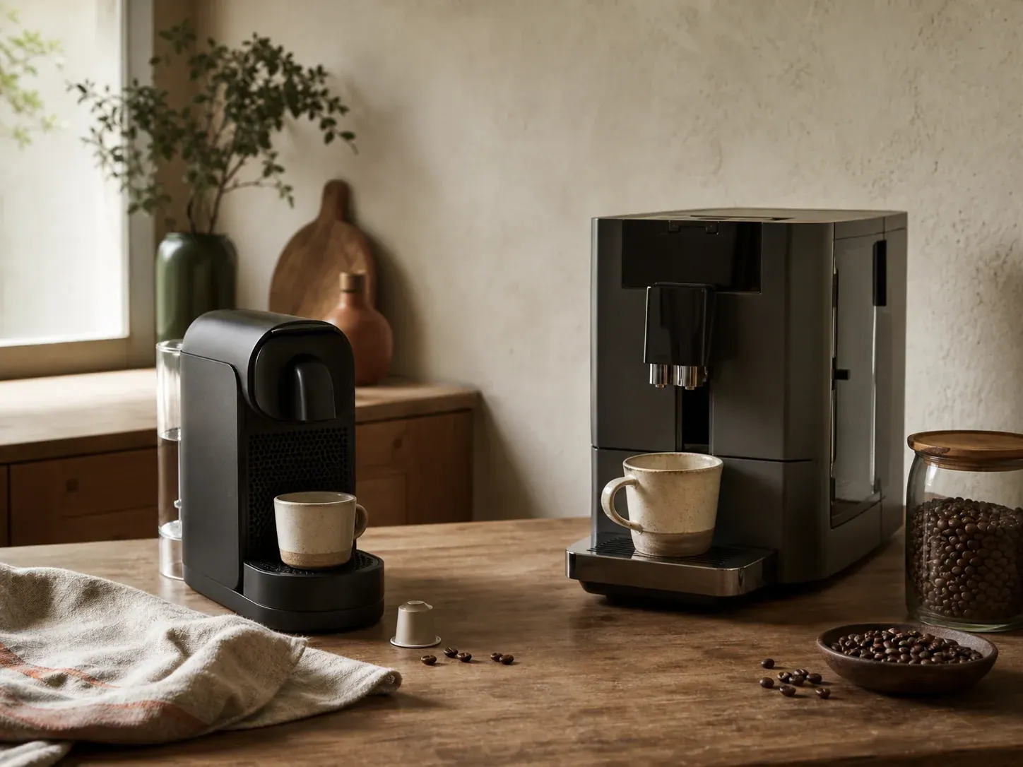 Una cafetera de cápsulas y una superautomática sin marcas se comparan en una cocina tranquila