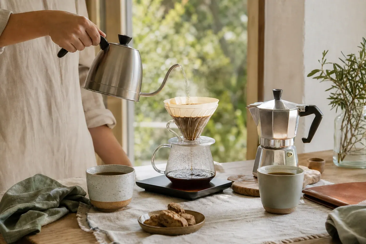 Una preparación de café de filtro junto a una cafetera italiana en una mesa con luz natural