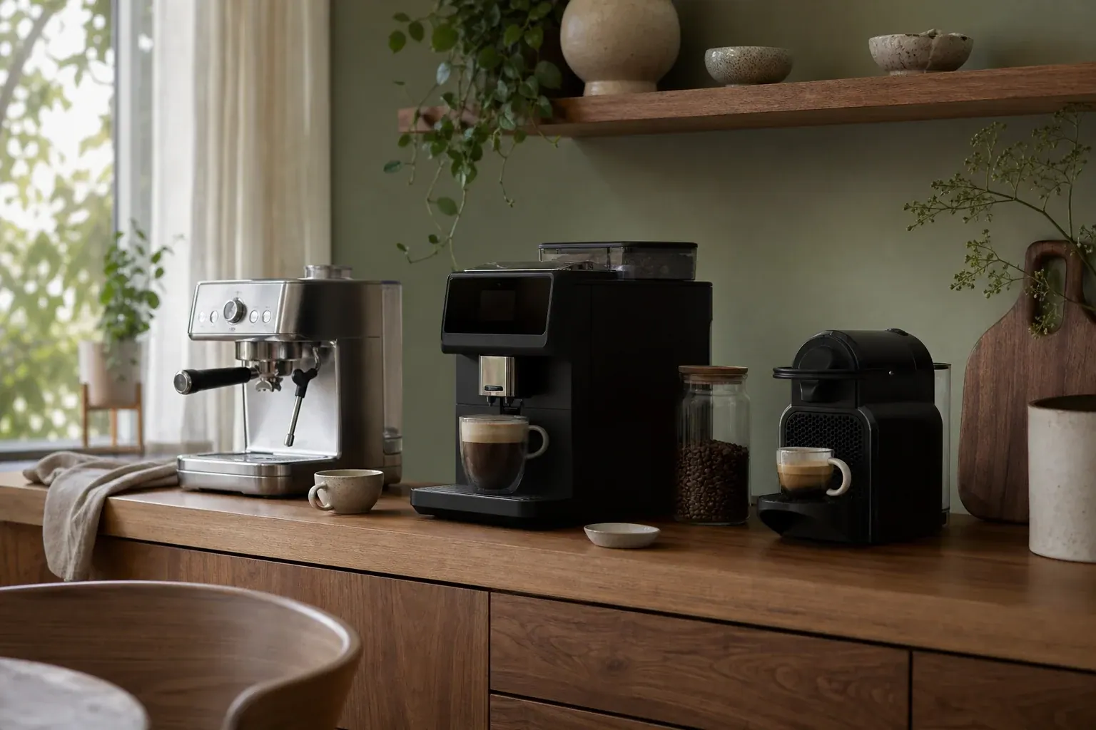 Tres cafeteras domésticas de distinto nivel de automatización sobre una encimera de madera