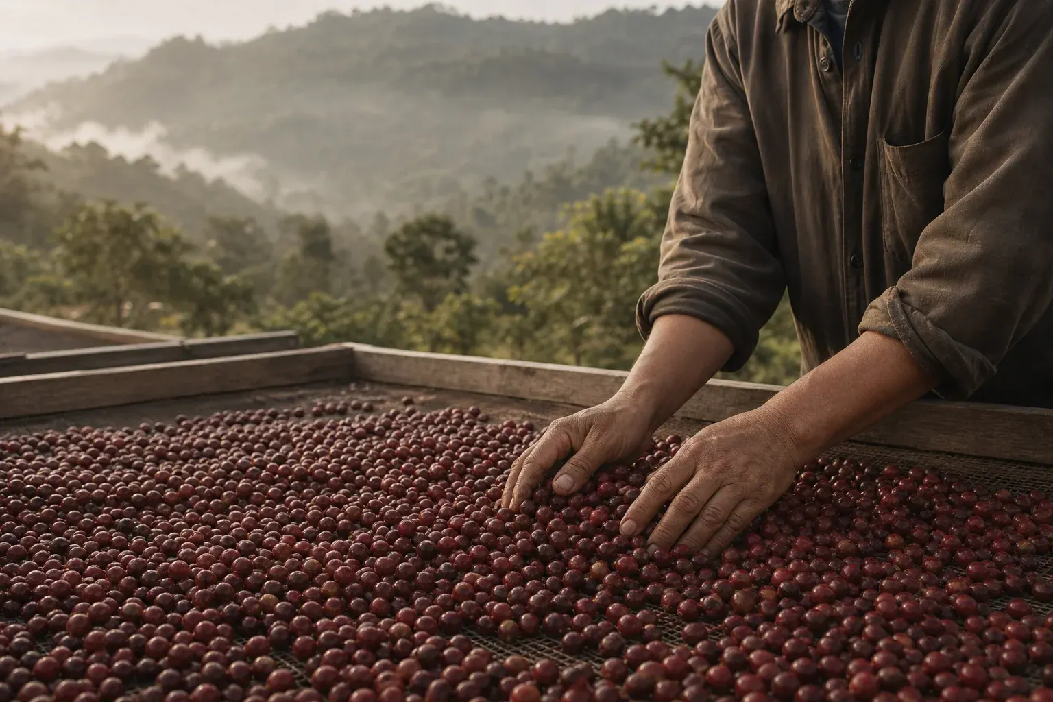 Manos seleccionando cerezas de café frente a una región montañosa