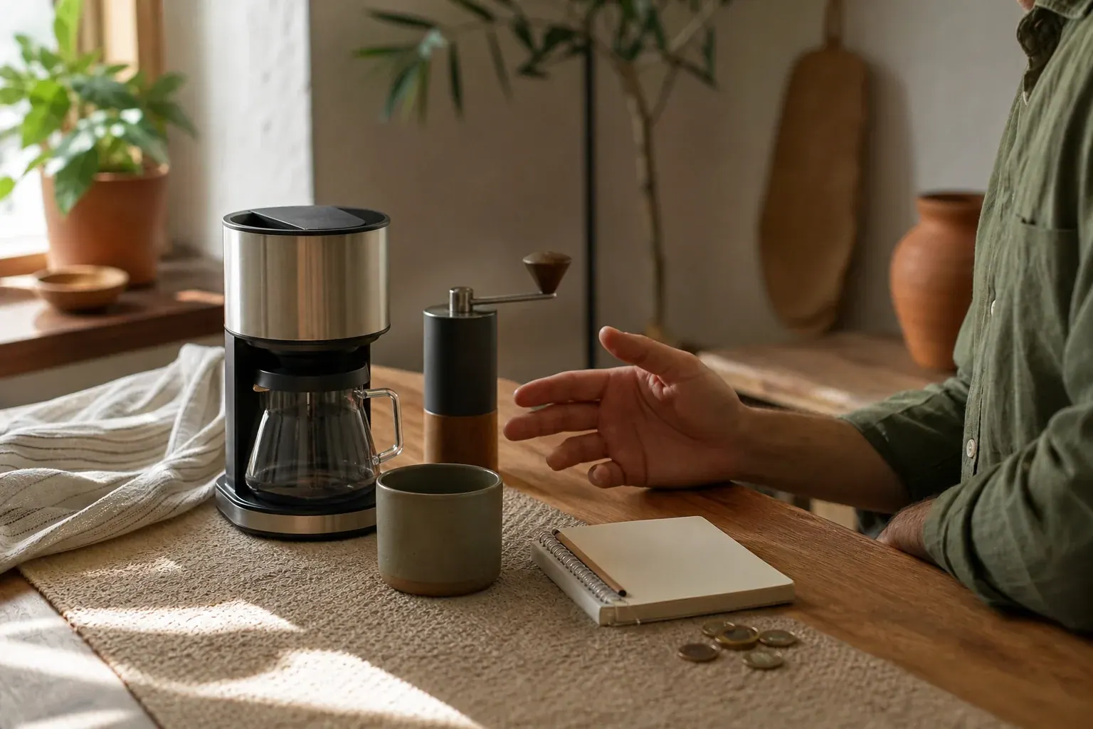 Una persona calcula el presupuesto de una cafetera y un molinillo en una mesa de cocina