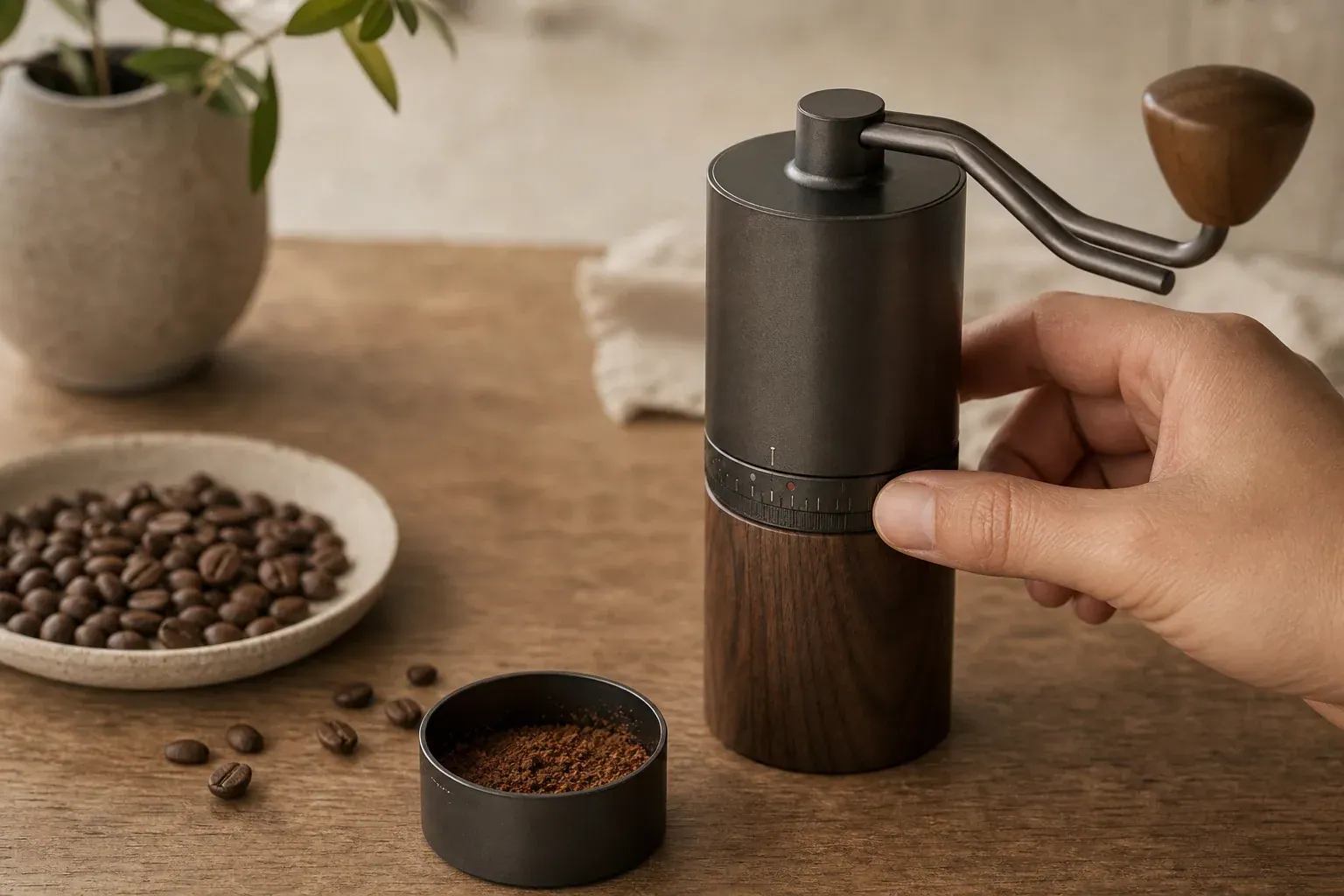 Una mano ajusta un molinillo manual junto a café en grano y molido