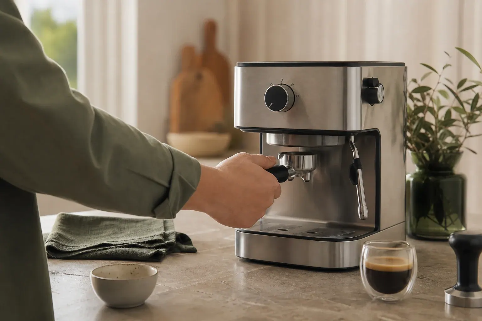 Una persona coloca el portafiltro en una cafetera espresso doméstica sencilla