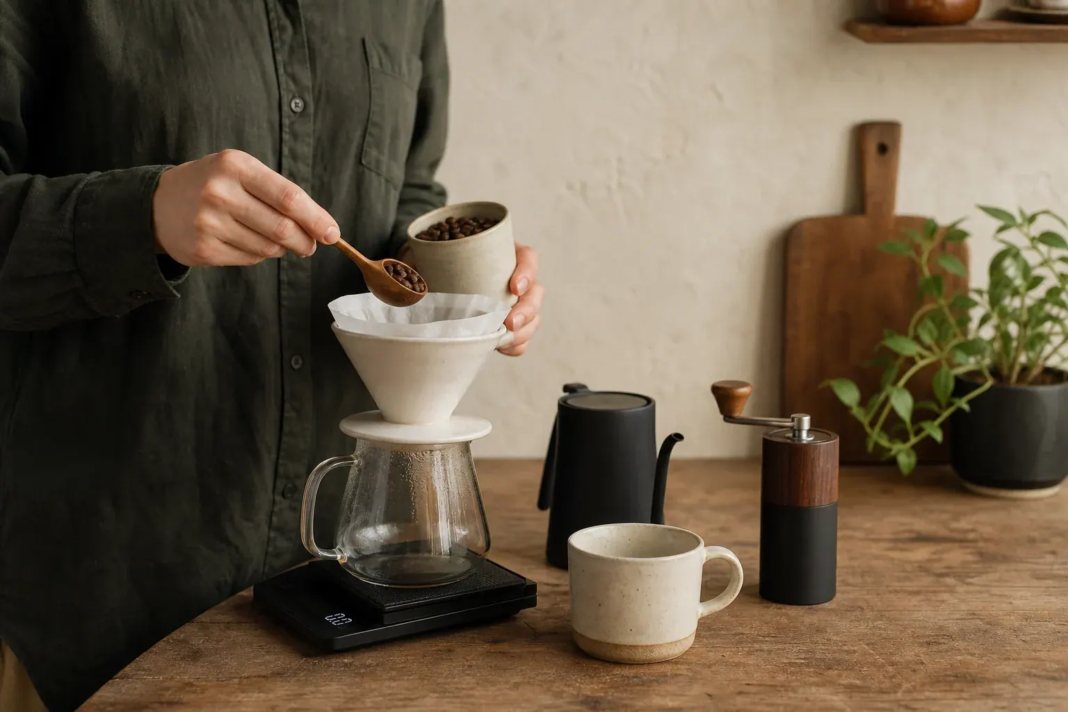 Una persona pesa café junto a un filtro, un molinillo manual y un hervidor en una cocina