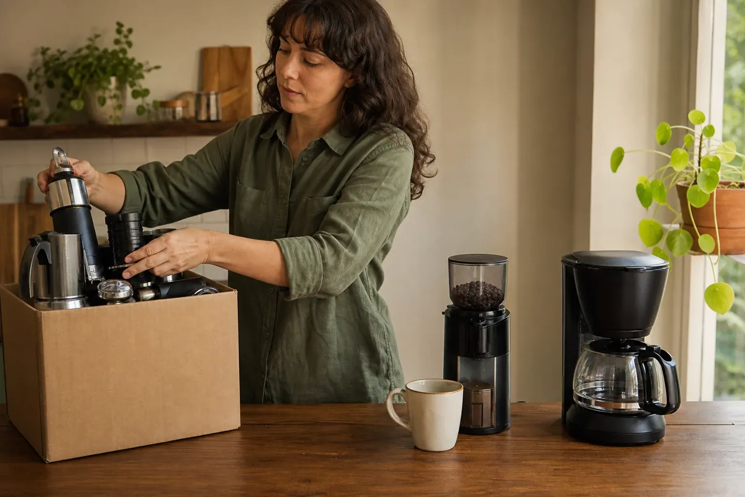 Una persona guarda accesorios innecesarios y conserva una cafetera sencilla sobre la encimera