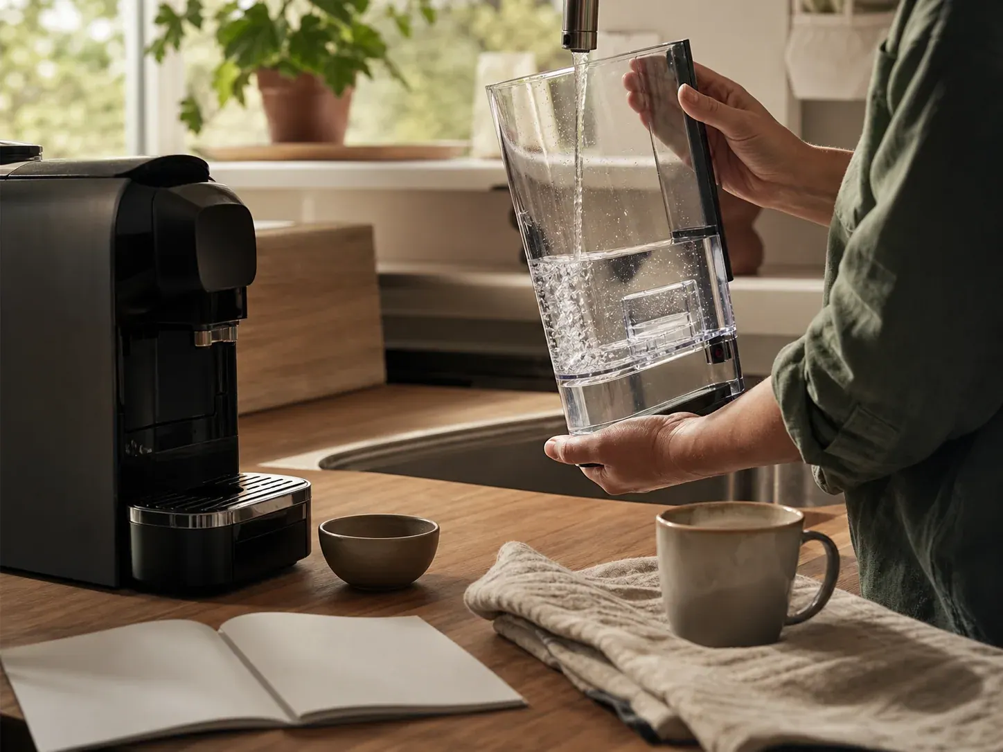 Una persona llena con agua el depósito de una cafetera nueva antes del primer uso