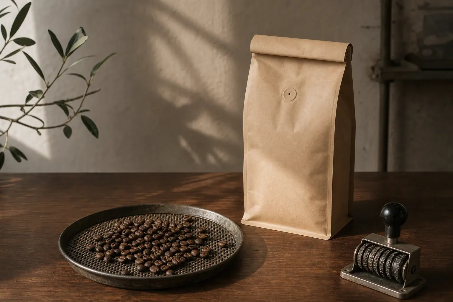 Bolsa de café sin marca, granos recién tostados y un fechador mecánico