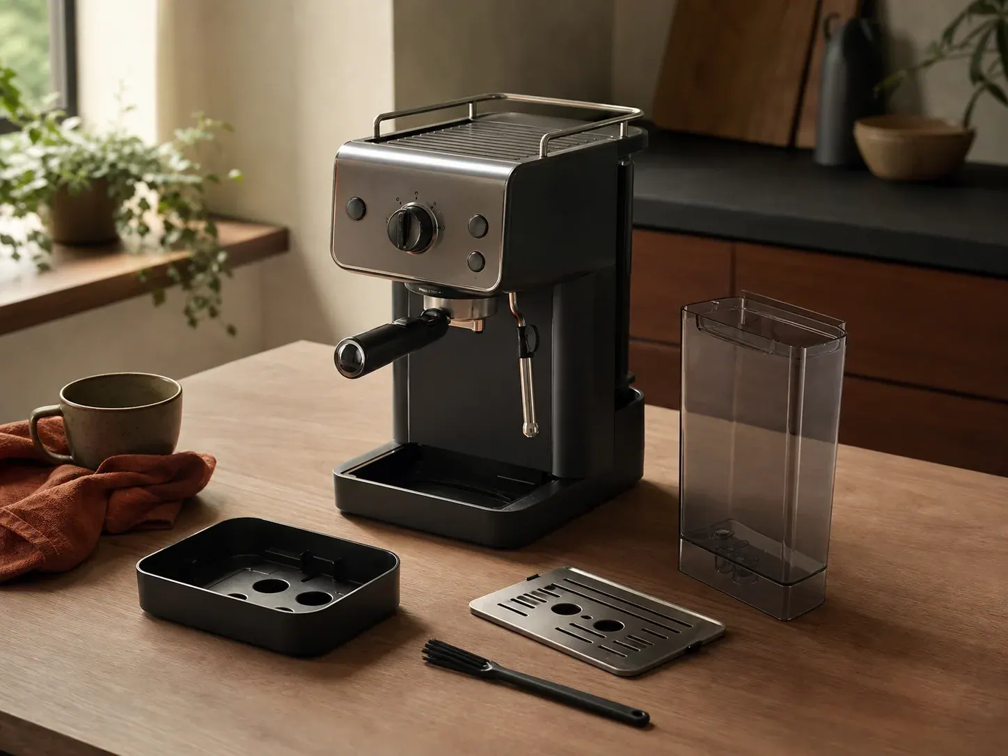 Una cafetera sin marcas muestra el depósito y la bandeja extraíbles para revisar su facilidad de uso y limpieza