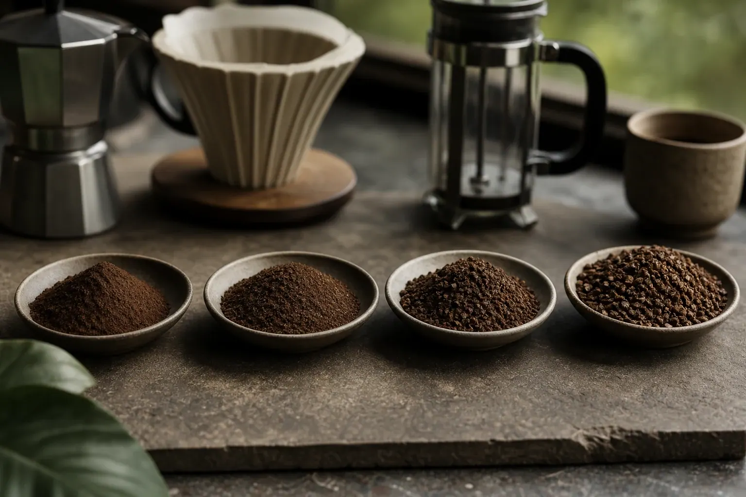 Cuatro cuencos muestran una progresión de café molido fino a grueso