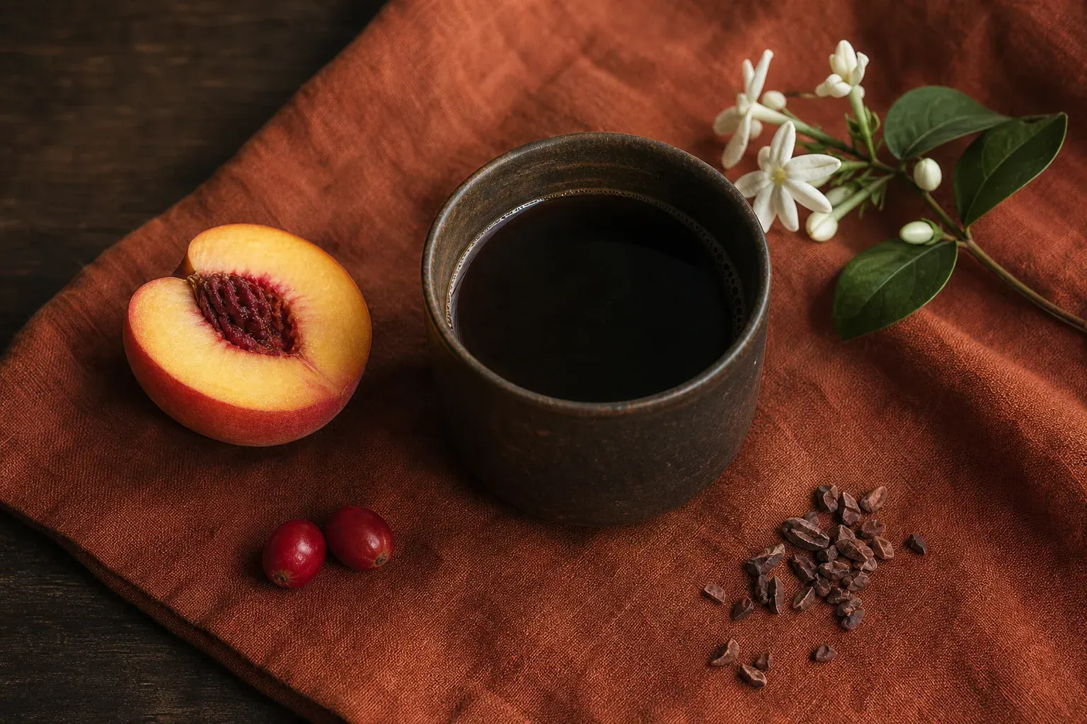 Taza de café con melocotón, frutos rojos, cacao y flores de jazmín