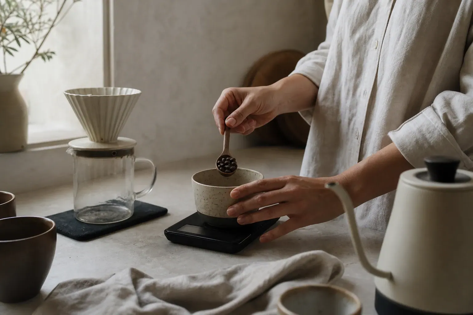 Una persona pesa café en una cocina tranquila junto a un filtro de cerámica