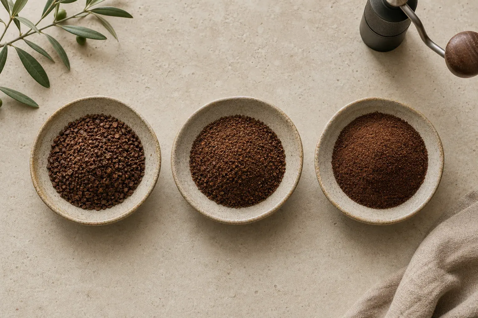 Tres cuencos muestran café molido grueso, medio y fino