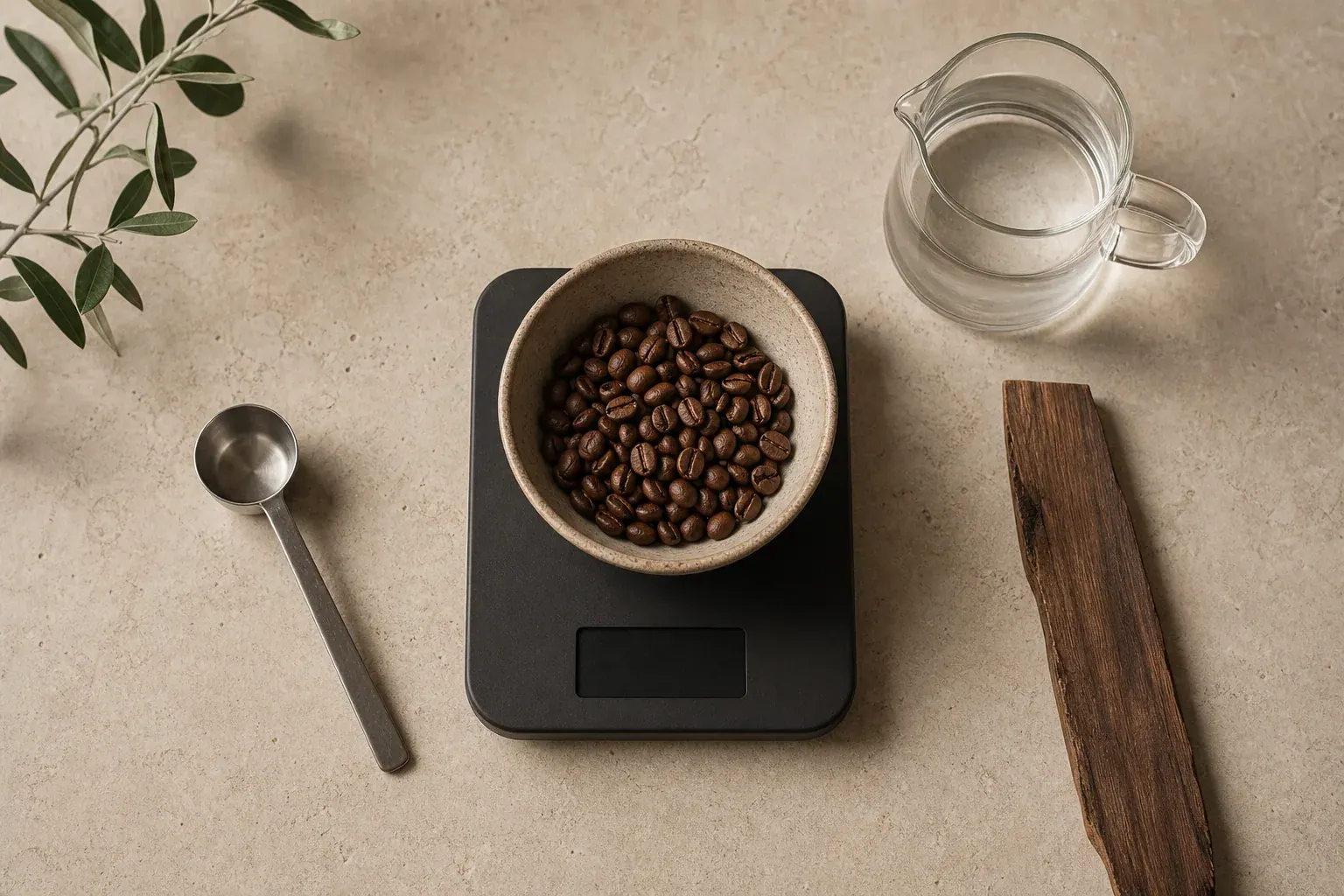 Cuenco con café sobre una báscula junto a una jarra de agua