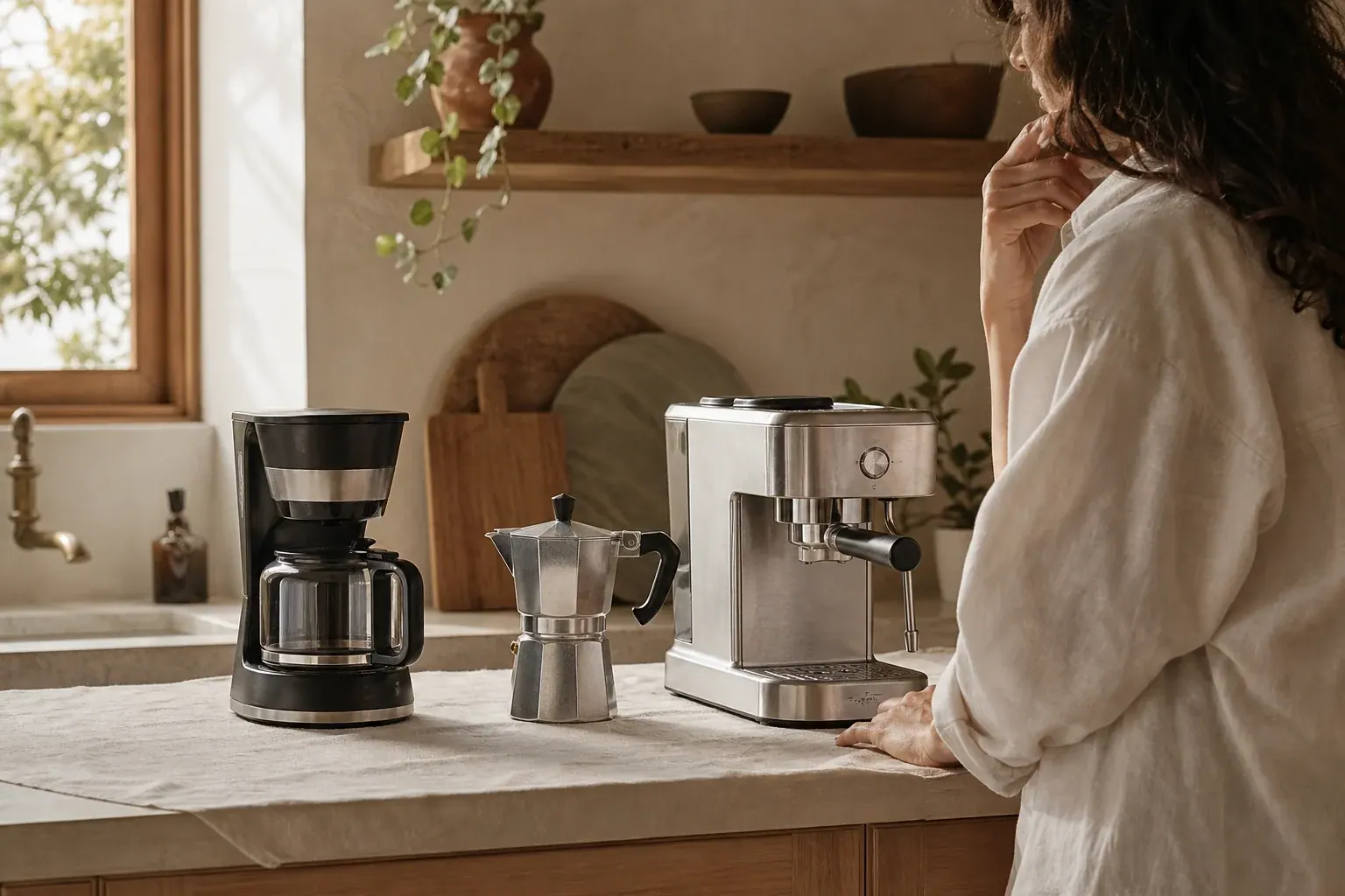 Una persona compara una cafetera de filtro, una italiana y una cafetera espresso en una cocina tranquila