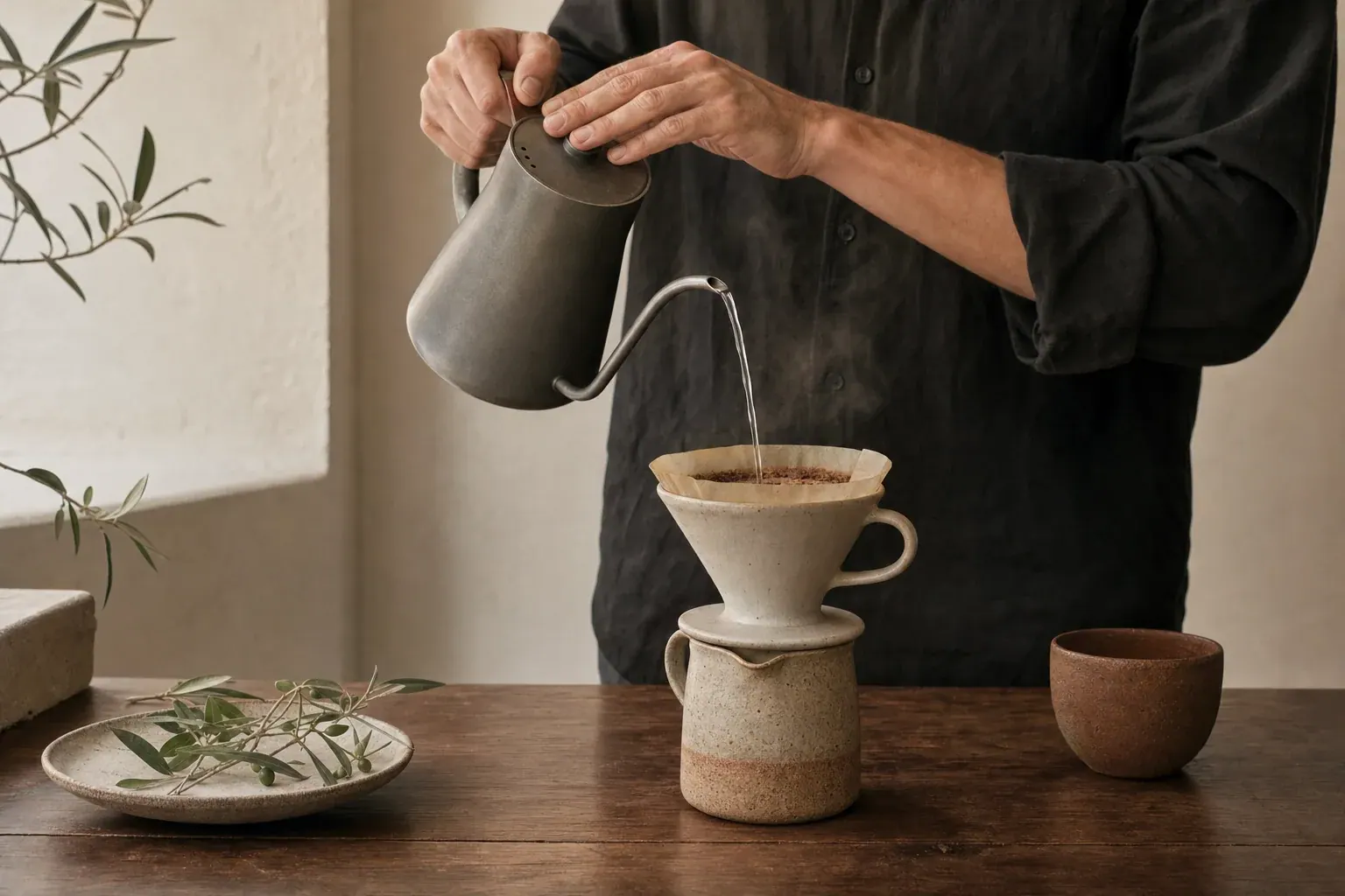 Manos vertiendo agua con un hervidor sobre un filtro de café de cerámica