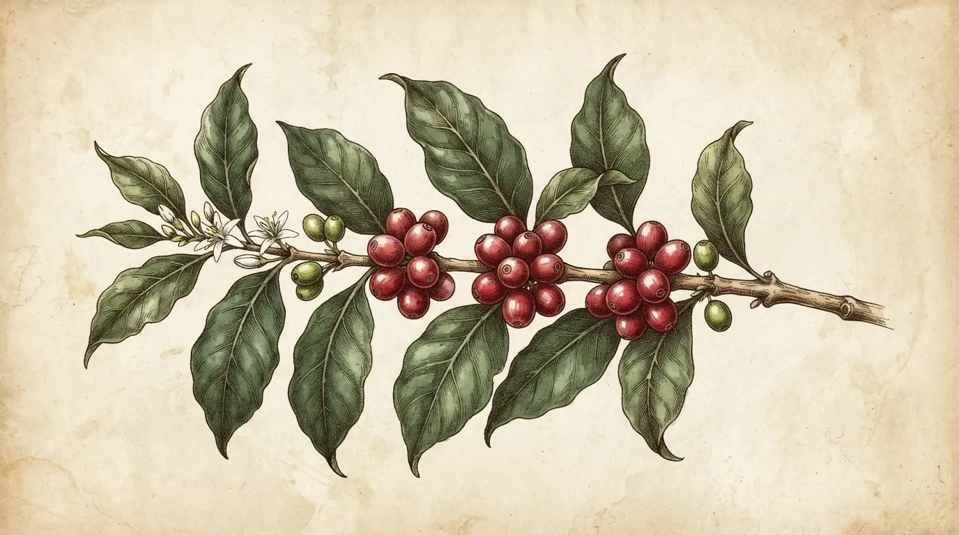 Ilustración botánica de una rama de cafeto con cerezas maduras